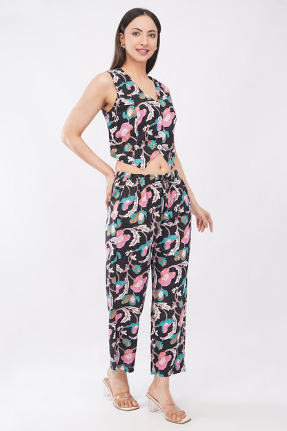 Cotton Midnight Floral Sleeveless Top & Palazzo Summer Casual Co-Ord Set