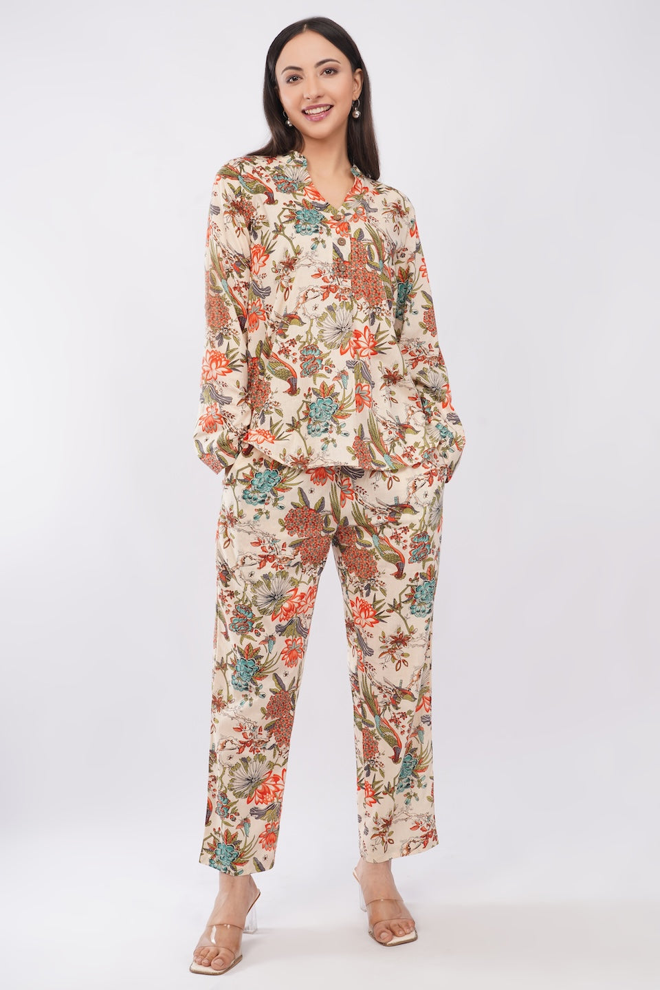 Tropical Beige Floral Printed Women Cotton 2 Piece Co-Ord Set