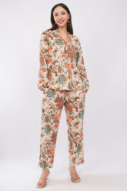 Tropical Beige Floral Printed Women Cotton 2 Piece Co-Ord Set
