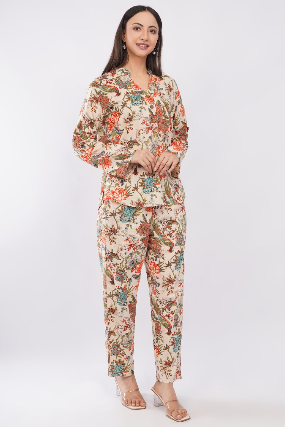 Tropical Beige Floral Printed Women Cotton 2 Piece Co-Ord Set