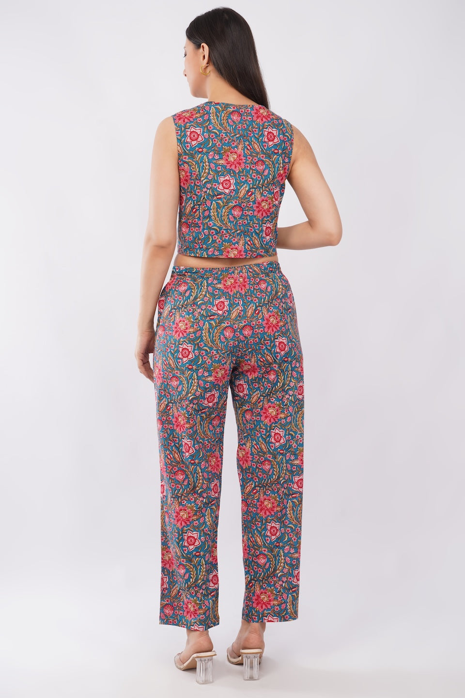 Cotton Teal Floral Sleeveless Top & Palazzo Summer Casual Co-Ord Set