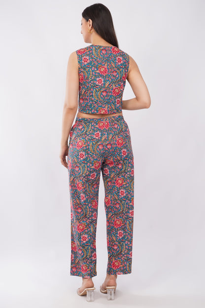 Cotton Teal Floral Sleeveless Top & Palazzo Summer Casual Co-Ord Set
