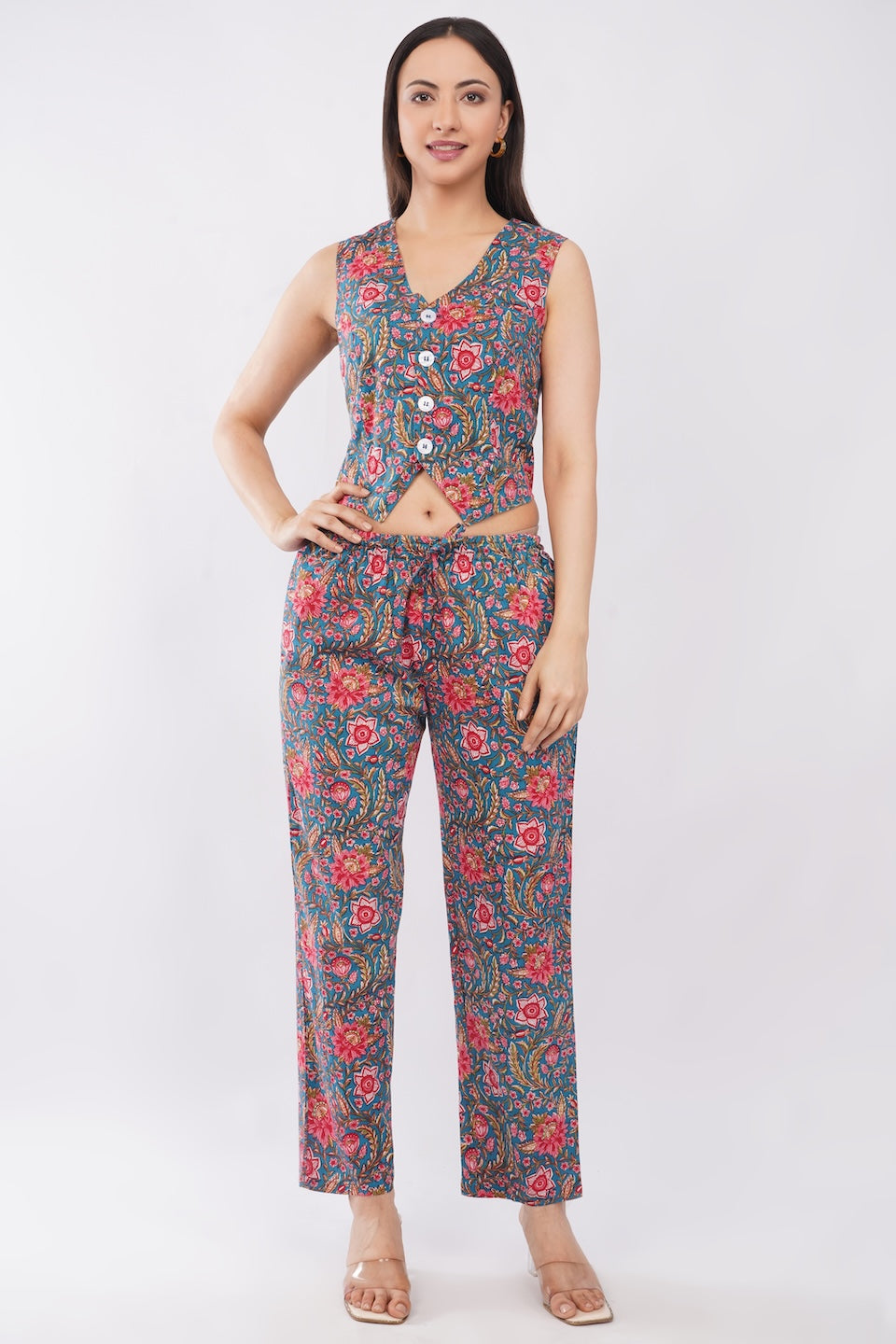 Cotton Teal Floral Sleeveless Top & Palazzo Summer Casual Co-Ord Set