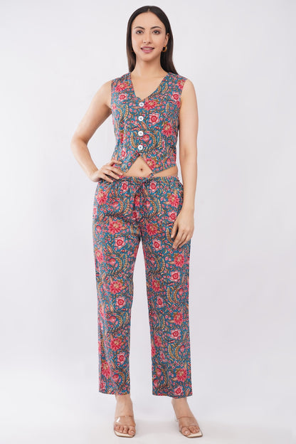 Cotton Teal Floral Sleeveless Top & Palazzo Summer Casual Co-Ord Set