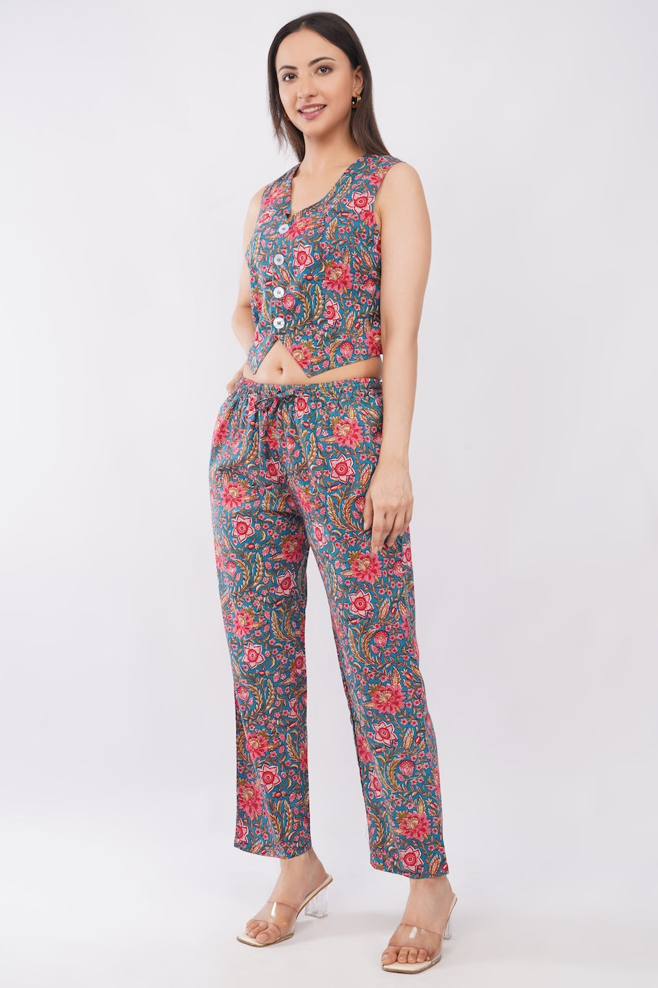 Cotton Teal Floral Sleeveless Top & Palazzo Summer Casual Co-Ord Set