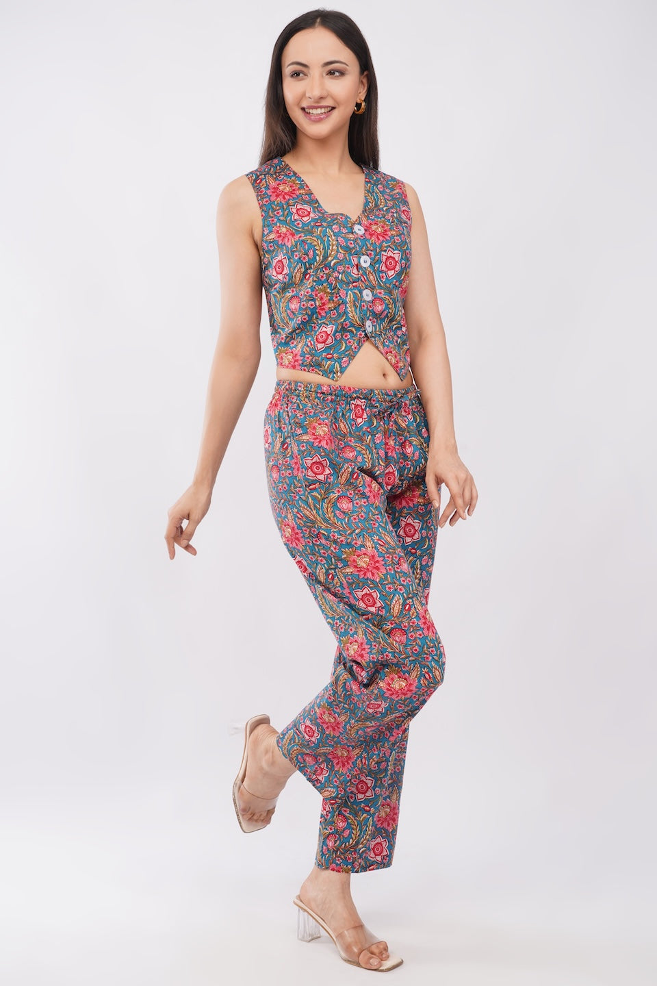 Cotton Teal Floral Sleeveless Top & Palazzo Summer Casual Co-Ord Set