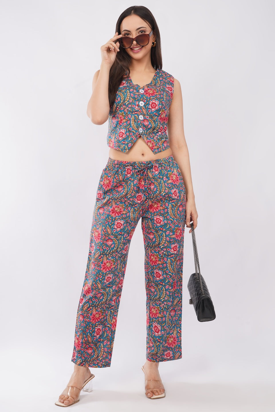 Cotton Teal Floral Sleeveless Top & Palazzo Summer Casual Co-Ord Set