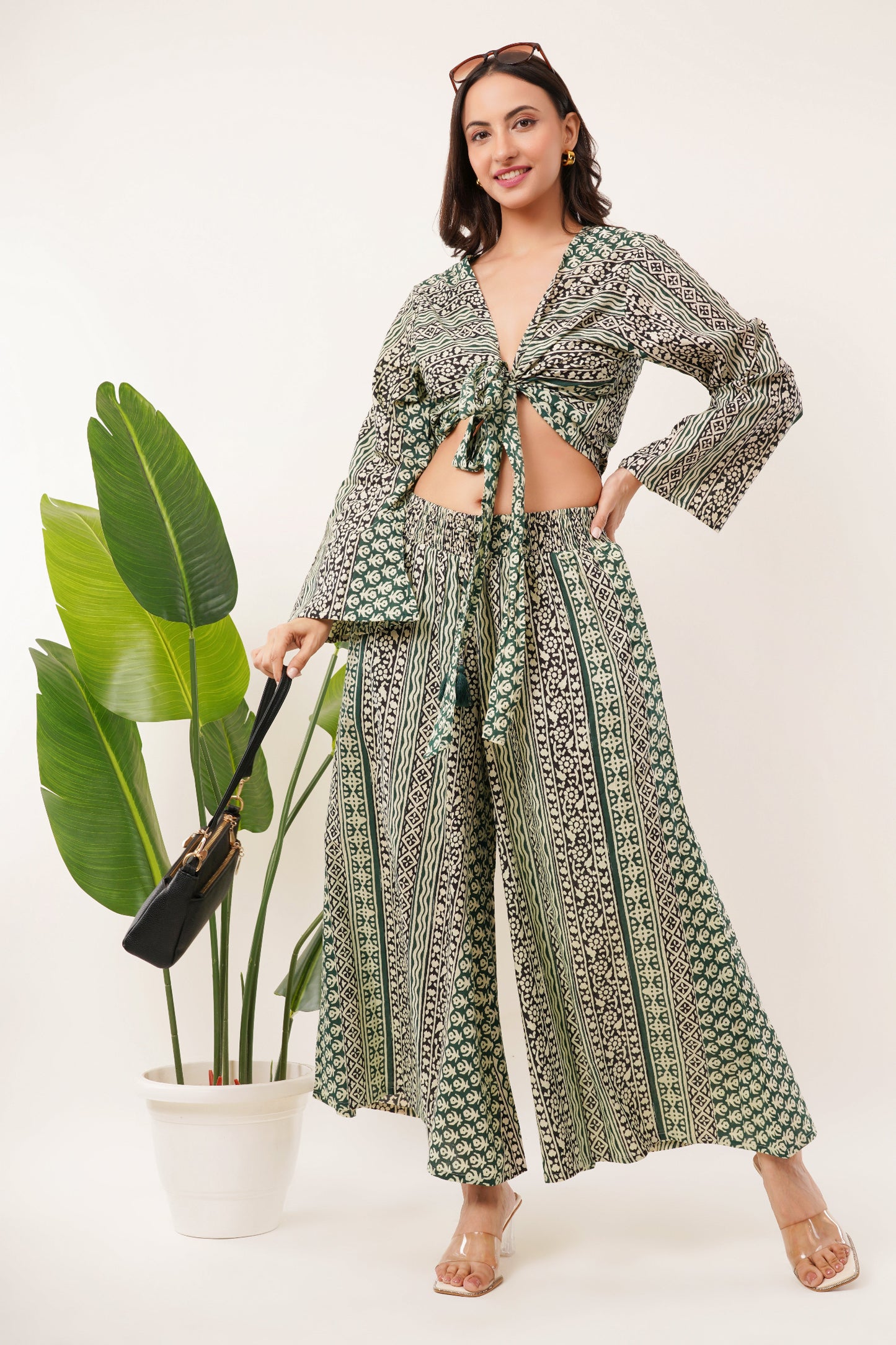 Cotton Olive Printed Tie Top Plazzo 2 Piece Matching Co-Ord Set