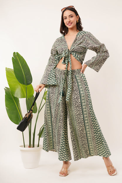 Cotton Olive Printed Tie Top Plazzo 2 Piece Matching Co-Ord Set