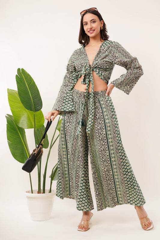 Cotton Olive Printed Tie Top Plazzo 2 Piece Matching Co-Ord Set