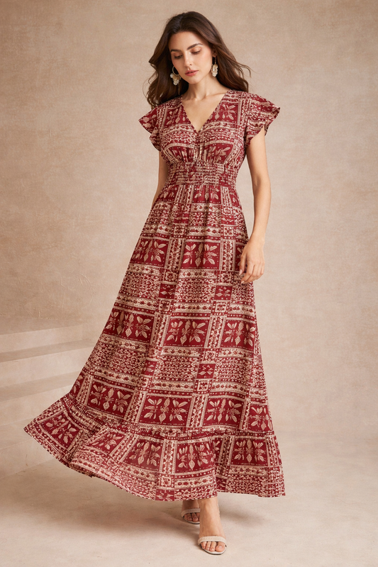 Floral Cotton Antique Rust Long Maxi Dress with Smocked Waist & Ruffle Sleeves