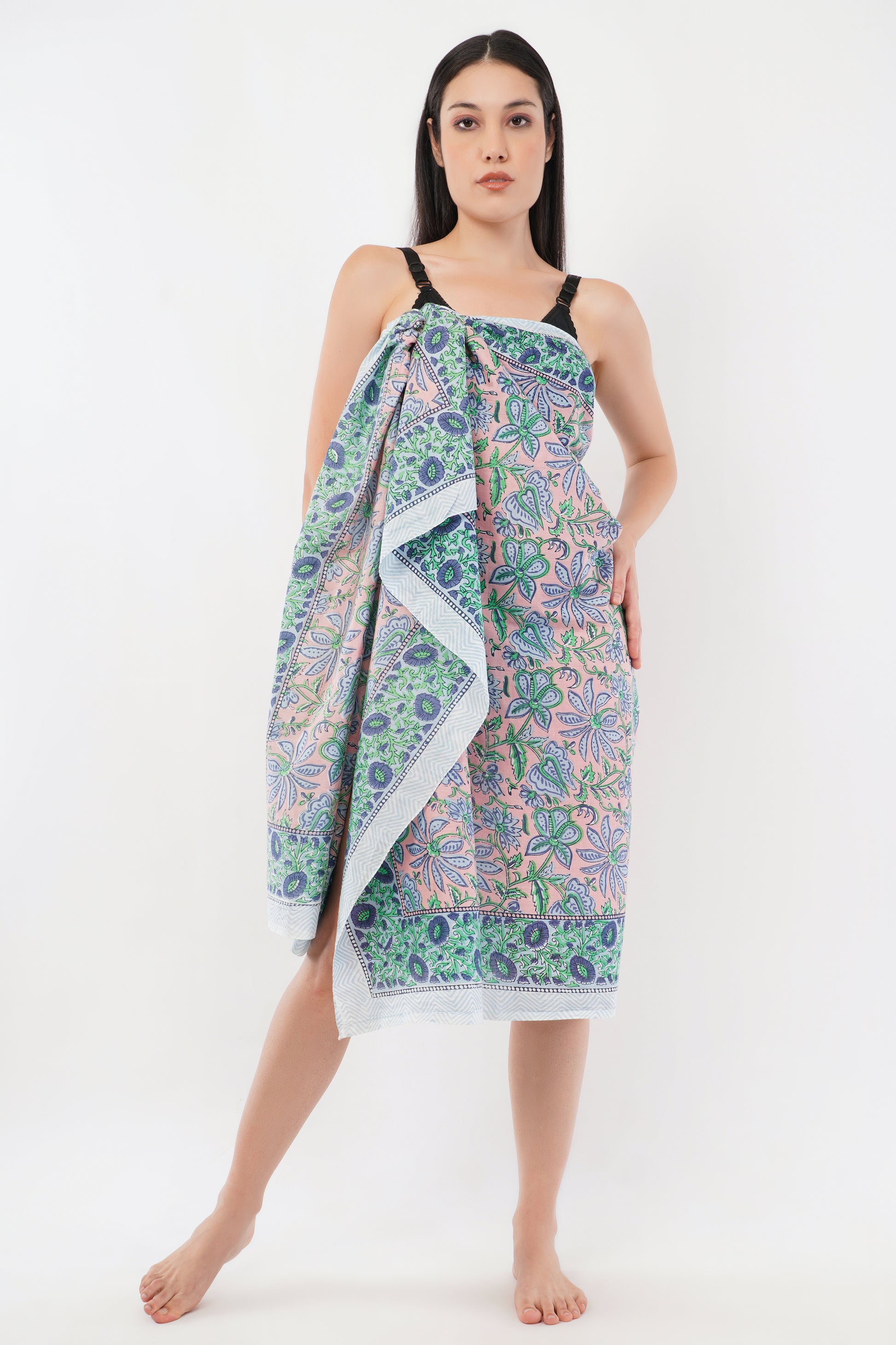 Cotton Hand Printed Turq Floral Beach Sarongs Wrap Gulbahar