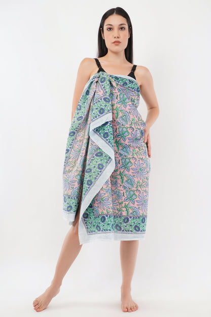 Cotton Hand Printed Turq Floral Beach Sarongs Wrap Gulbahar