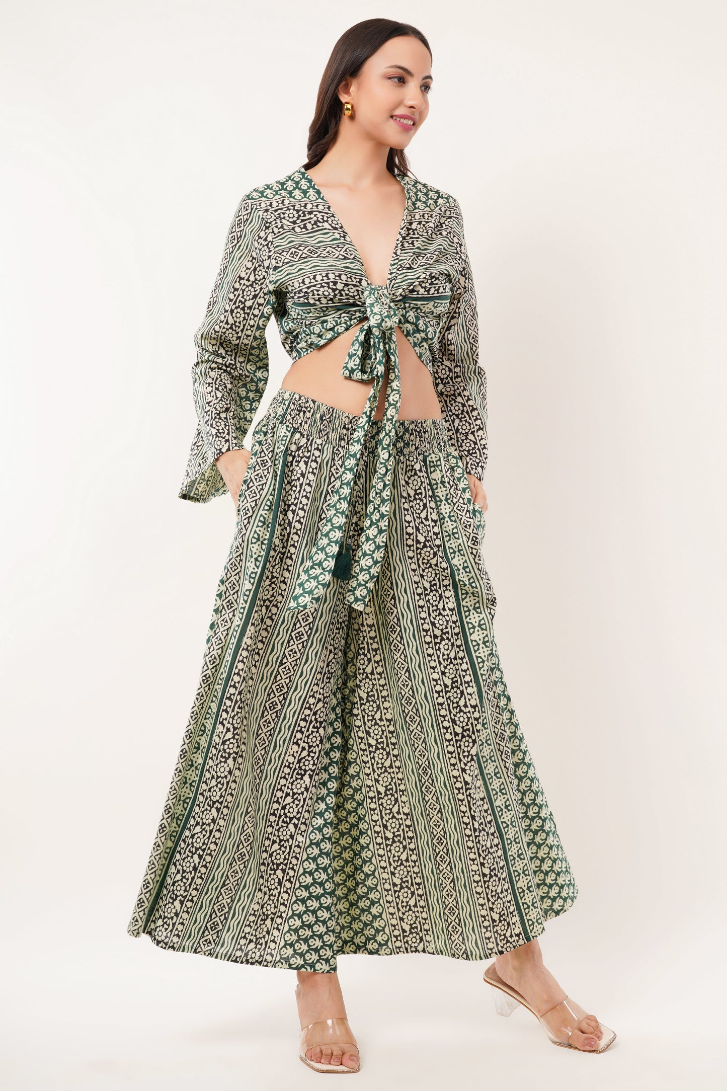 Cotton Olive Printed Tie Top Plazzo 2 Piece Matching Co-Ord Set