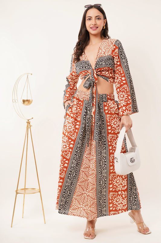 Cotton Rust Black Printed Tie Top Plazzo 2 Piece Matching Co-Ord Set