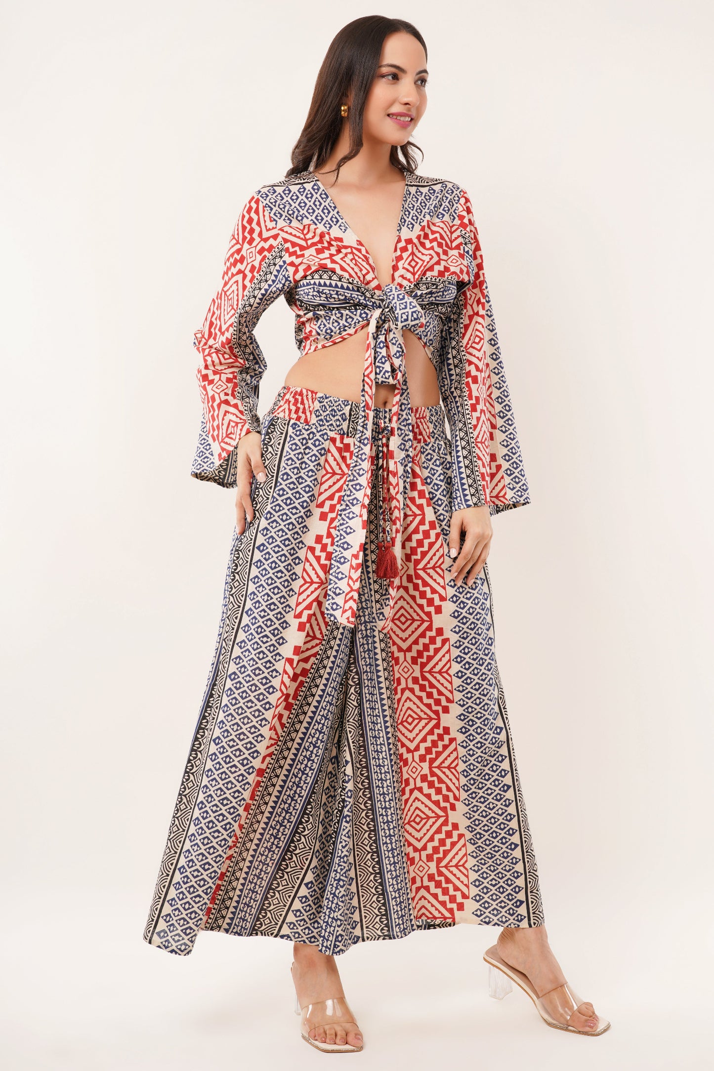 Cotton Rust Blue Printed Tie Top Plazzo 2 Piece Matching Co-Ord Set