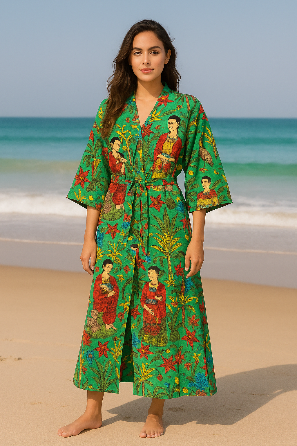 Cotton Printed Frida Green Kahlo Kimono Kaftan Bathrobe