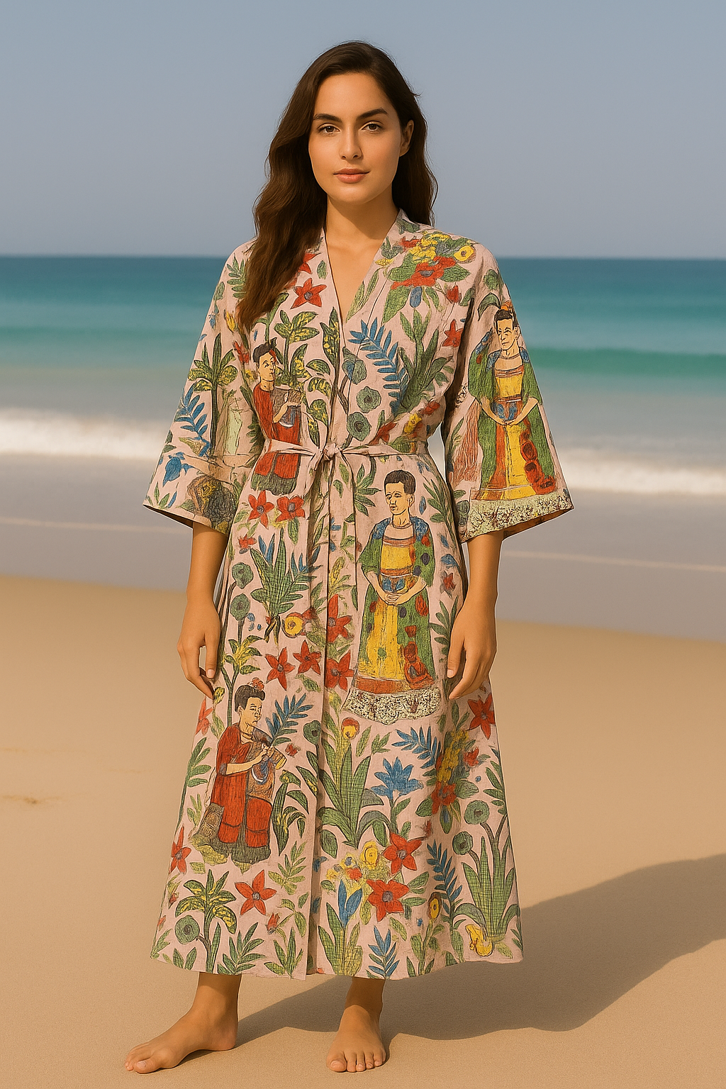 Cotton Printed  Frida Pink Kimono Kaftan Bathrobe