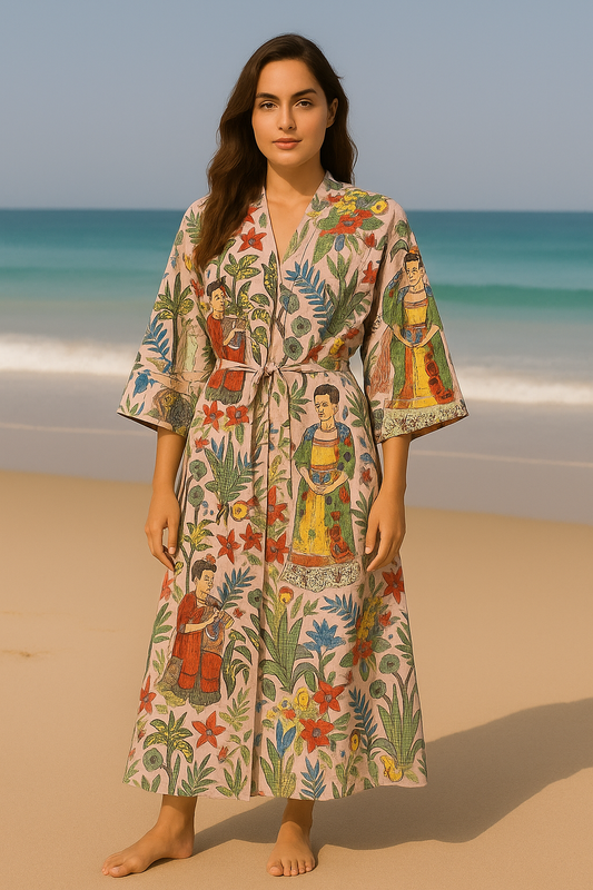 Cotton Printed  Frida Pink Kimono Kaftan Bathrobe
