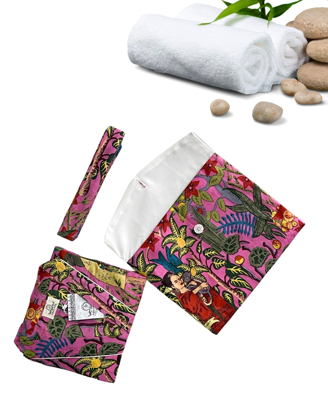 Cotton Printed Fuchsia Kahlo Kimono Kaftan Bathrobe