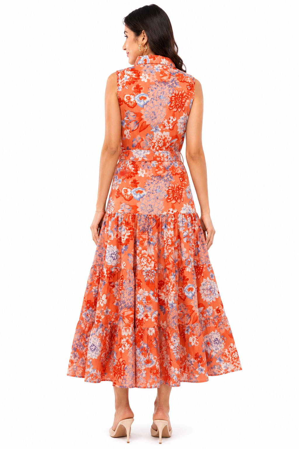 Gardenia Rust Cotton Floral Long Summer Tiered Shirt Maxi Dress