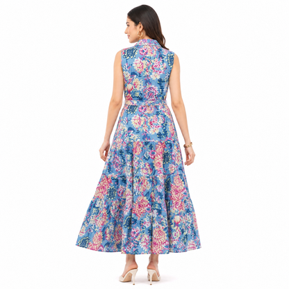 Gardenia Blue Cotton Floral Long Summer Tiered Shirt Maxi Dress