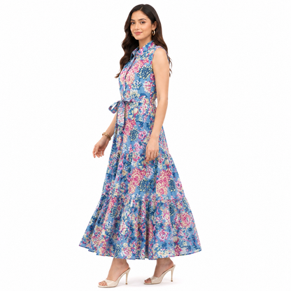 Gardenia Blue Cotton Floral Long Summer Tiered Shirt Maxi Dress