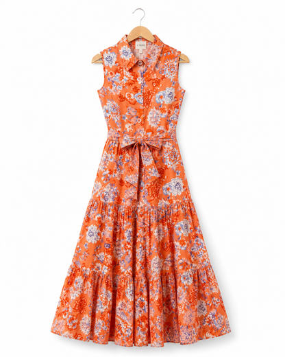 Gardenia Rust Cotton Floral Long Summer Tiered Shirt Maxi Dress