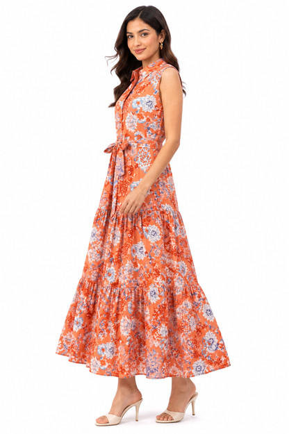 Gardenia Rust Cotton Floral Long Summer Tiered Shirt Maxi Dress