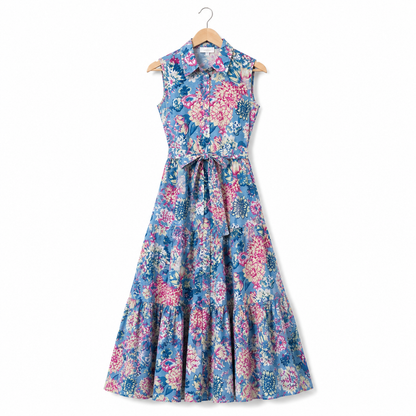 Gardenia Blue Cotton Floral Long Summer Tiered Shirt Maxi Dress