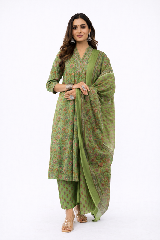 Women Cotton Ethnic Green Printed Anarkali Style 3 Piece Kurti Palazzo Set With Dupatta