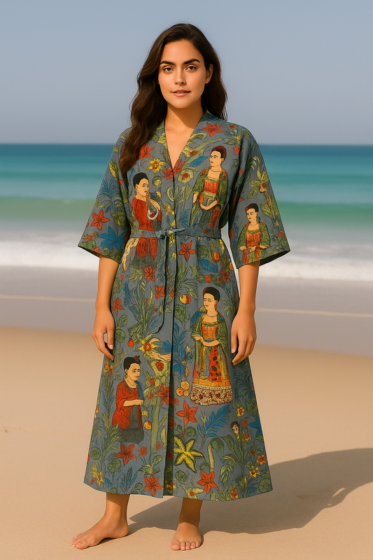 Cotton Printed Grey Kahlo Kimono Kaftan Bathrobe