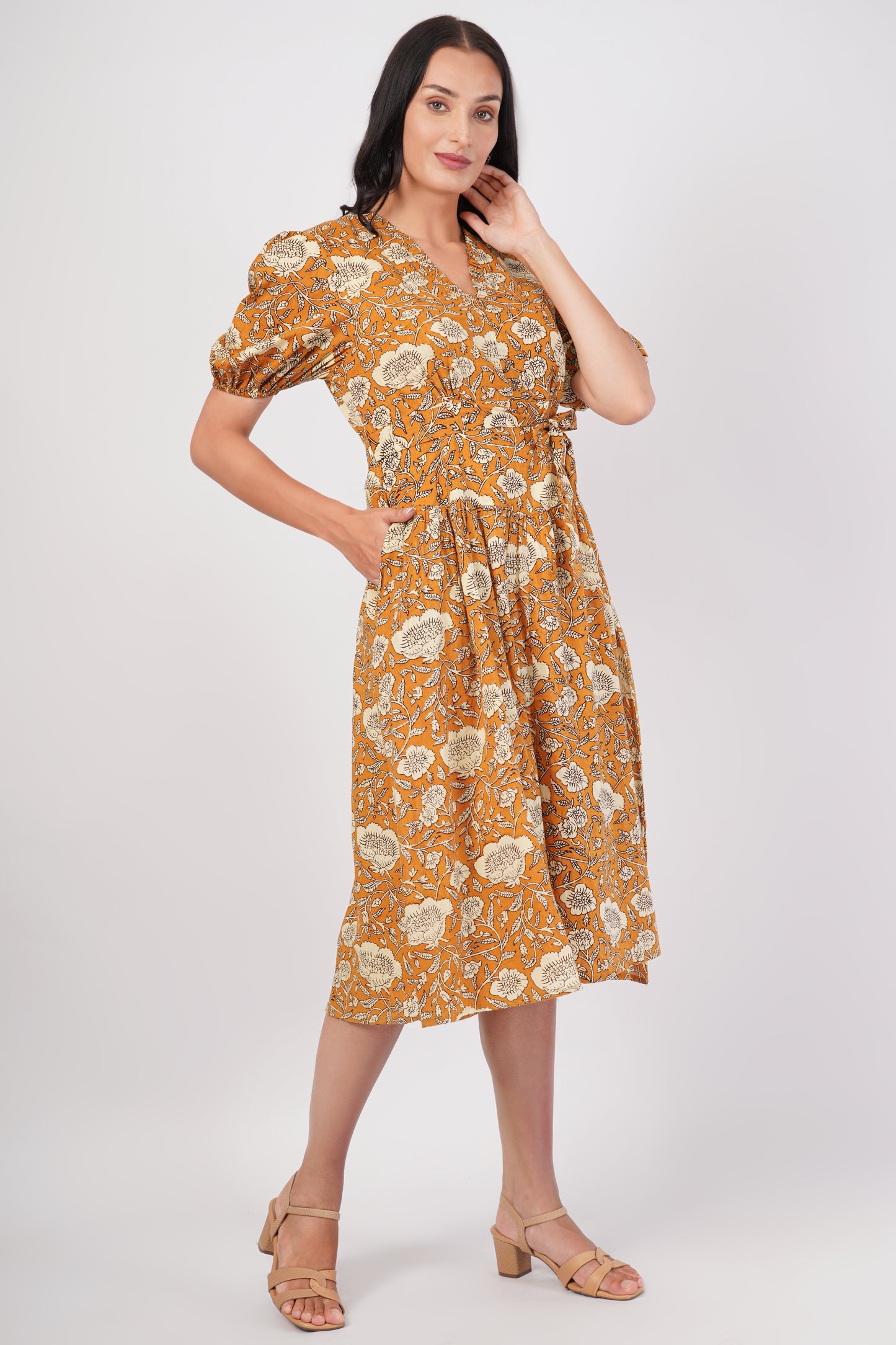 Sunpetal Bloom V-Neck Cotton Dress – Mustard Yellow Floral Midi