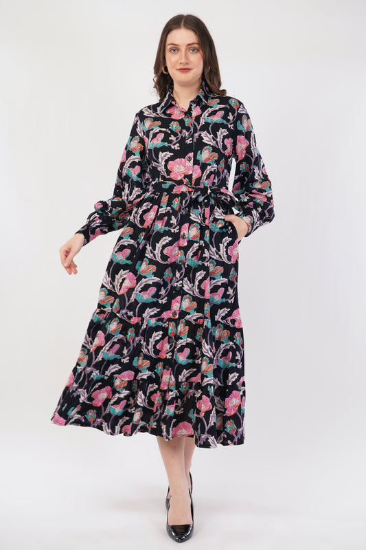 Hand Block Printed Cotton Shirt Dress – Midnight Bloom