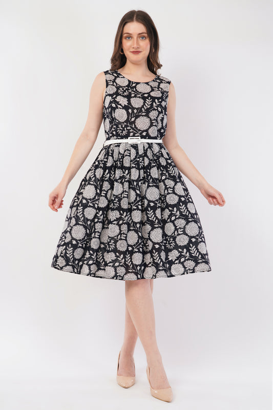 Hand Block Printed Cotton Sleeveless Floral Midi Dress – Noir Botanica