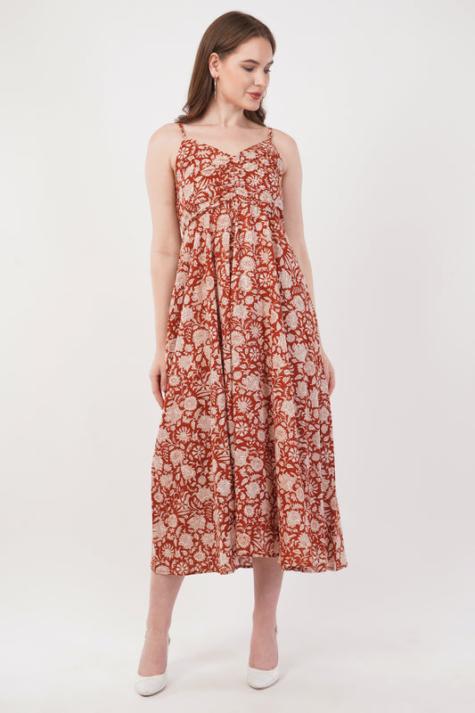 Hand Block Printed Cotton Strap Dress – Rust Blossom