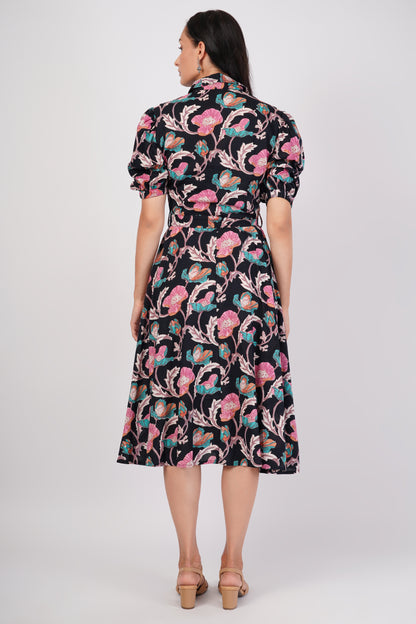 Midnight Love Short Sleeve Cotton Dress – Floral Elegance in Black