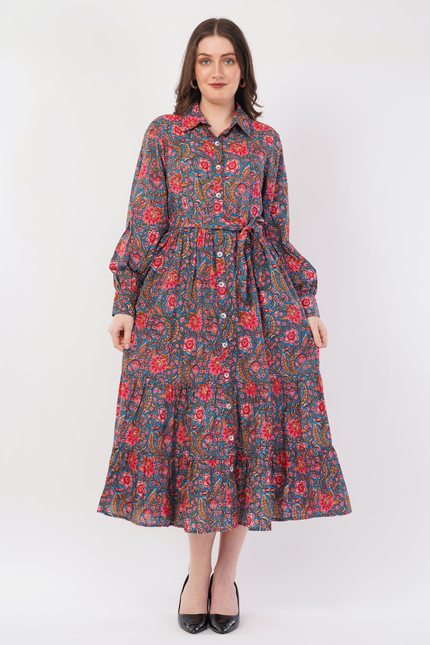 Hand Block Printed Teal Floral Garden Cotton Long Sleeve Dress