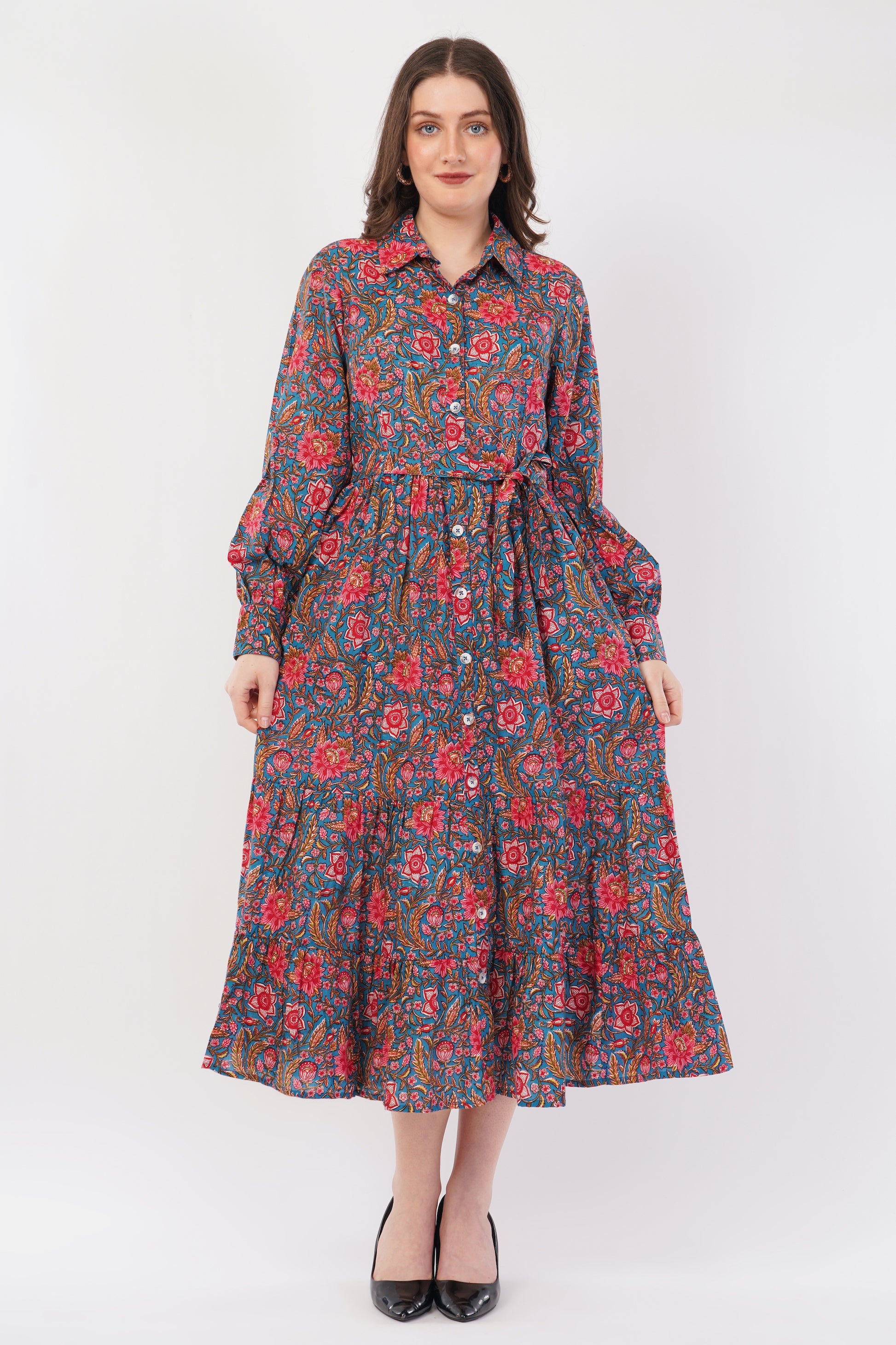 Hand Block Printed Teal Floral Garden Cotton Long Sleeve Dress