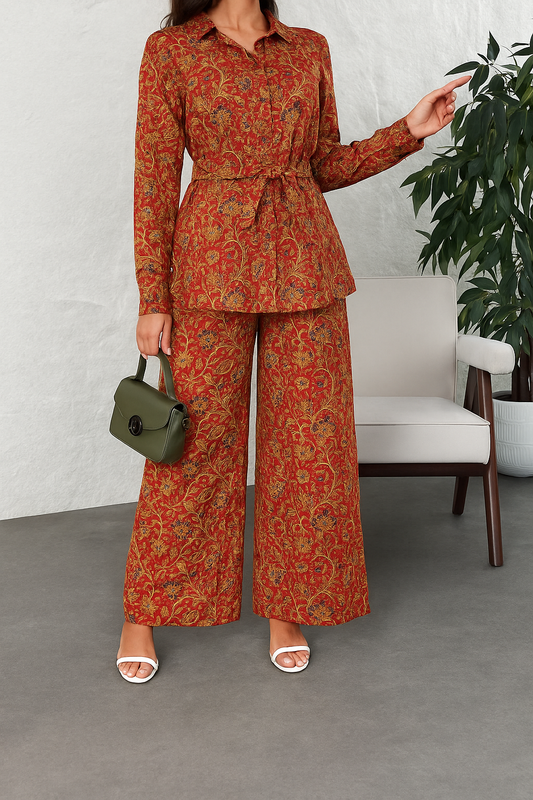 Hand Printed Kalam Crimson Kalamkari Floral Cotton Co-Ord Set