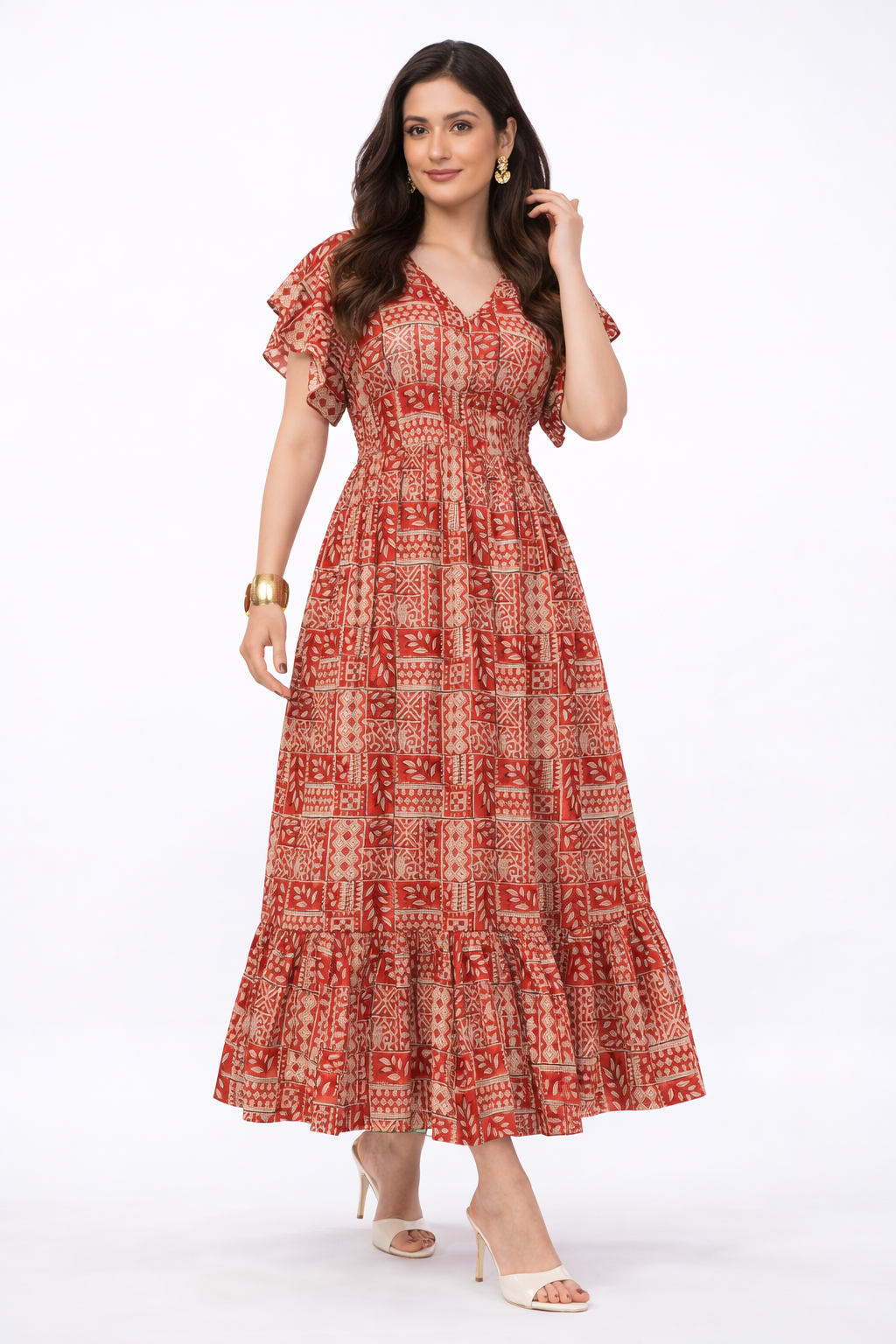 Floral Cotton Antique Rust Long Maxi Dress with Smocked Waist & Ruffle Sleeves