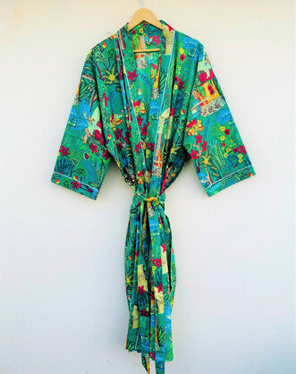 Cotton Printed Frida Green Kahlo Kimono Kaftan Bathrobe