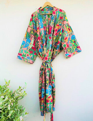 Cotton Printed Frida Dusty Pink Kahlo Kimono Kaftan Bathrobe