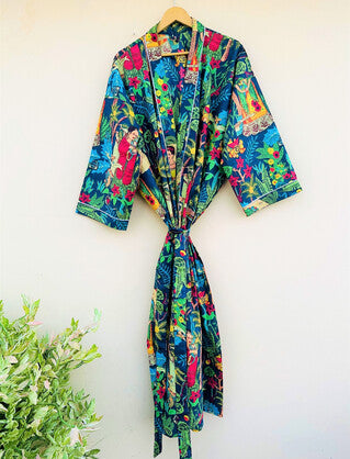 Cotton Printed Turquoise Kahlo Kimono Kaftan Bathrobe