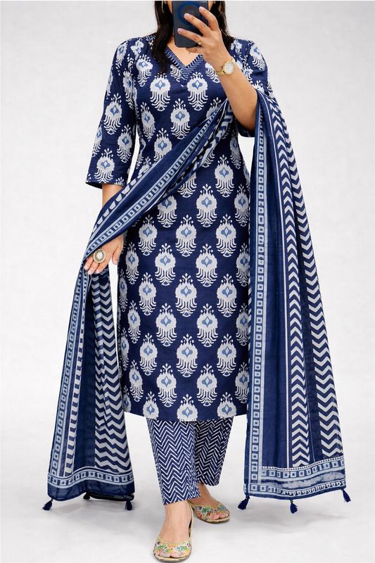 Woman wearing a blue and white patterned outfit with a matching dupatta on a white background