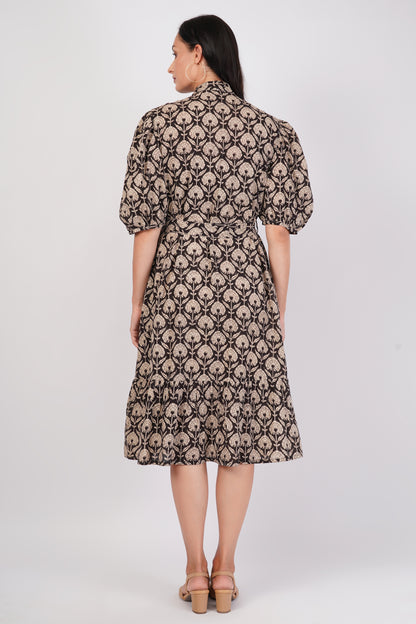 Indira Cotton Traditional Hand Block Printed Black Tiered Dress