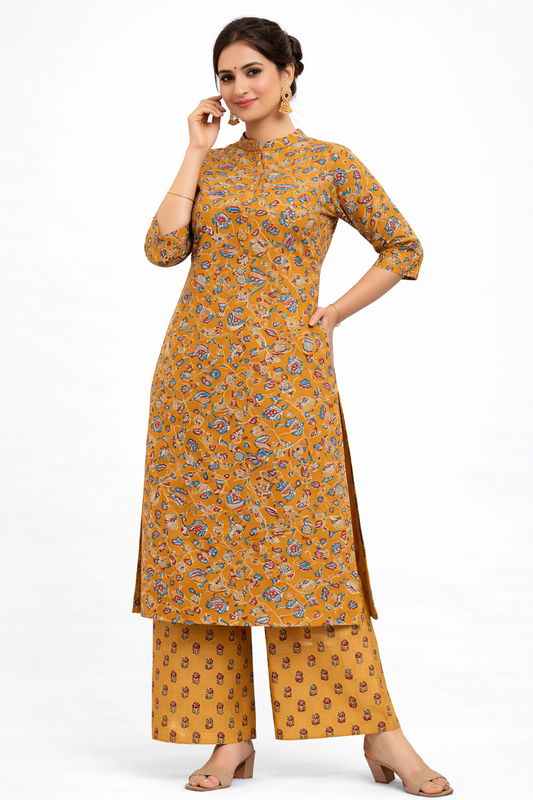 Women’s Mustard Ethnic Printed Cotton Kurta Set with Palazzo Pant
