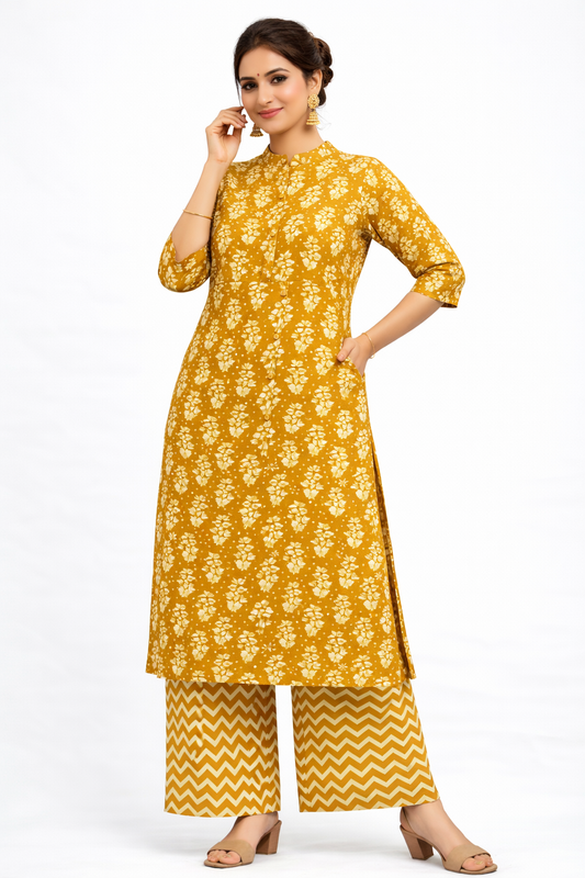 Women’s Yellow Floral Ethnic Printed Cotton Kurta Set with Palazzo Pant