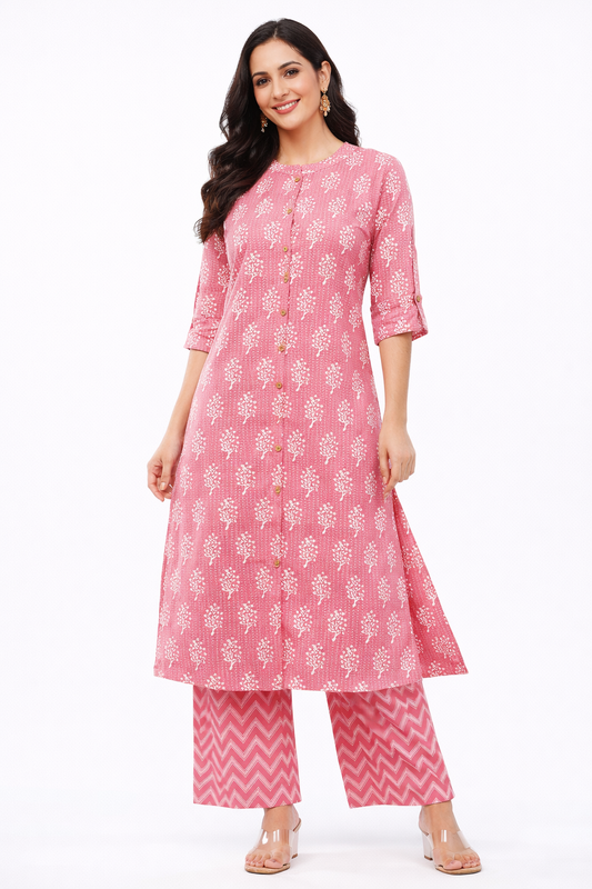 Women’s Pink Ethnic Printed Cotton Kurta Set with Palazzo Pant