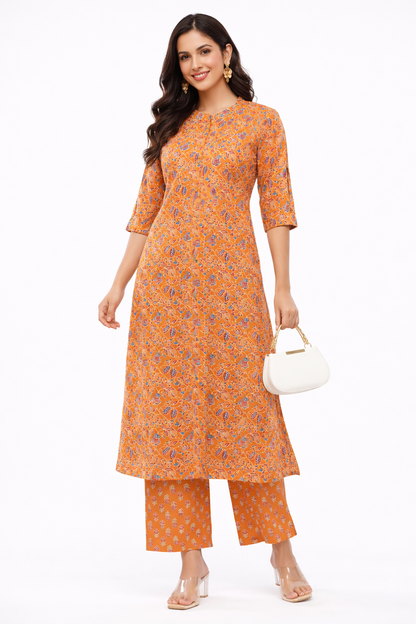 Women’s Mustard Ethnic Printed Cotton Kurta Set with Palazzo Pant